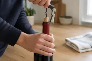 Mains stabilisant une bouteille de vin tandis qu’un tire-bouchon limonadier extrait doucement un bouchon de liège.