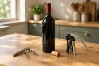 Bouteille de vin entourée d’un tire-bouchon de sommelier et d’un tire-bouchon à levier sur une table de cuisine.