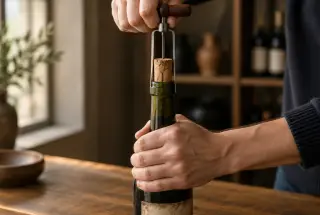 Mains retirant délicatement un bouchon de liège ancien avec un tire-bouchon bilame sur une bouteille de vin.