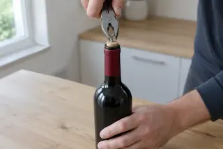 Ouverture prudente d’une bouteille de vin avec une vis et une pince sur une table stable.