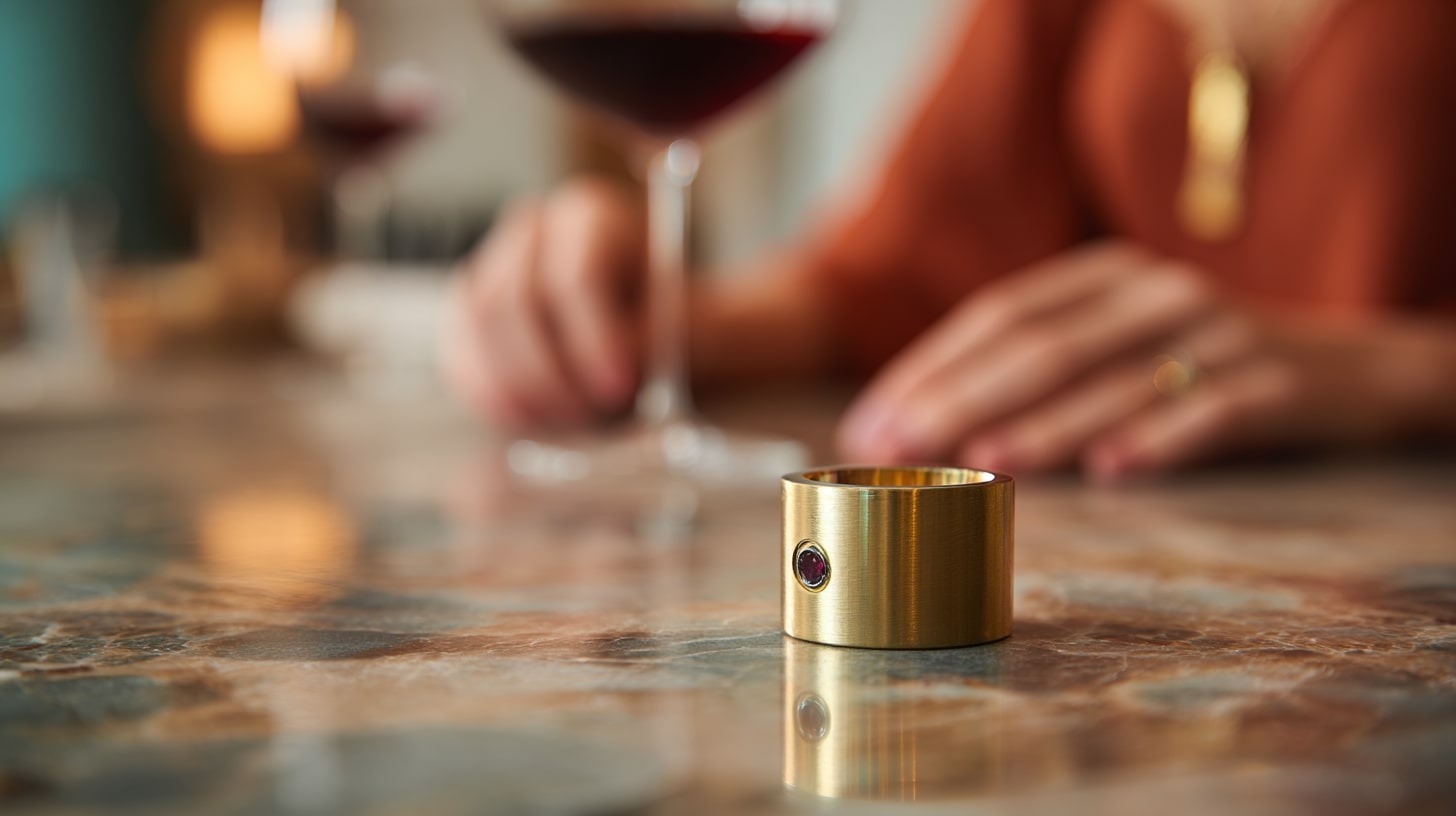 Bague anti-goutte innovante, design joaillier et matériaux modernes pour le service du vin